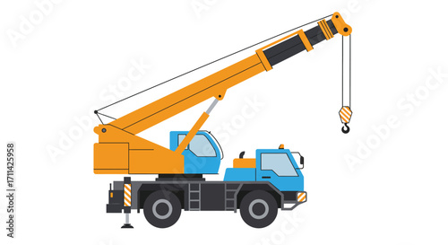 Detailed flat vector illustration depicting a colorful mobile crane on white