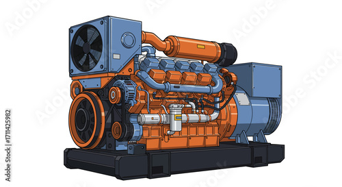 Detailed flat vector illustration showcases vibrant diesel generator system