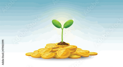 Symbolic depiction of financial growth featuring plant sprouting from gold coins
