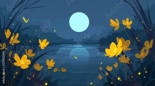 Nighttime landscape with yellow flowers and fireflies