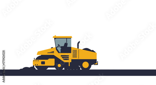 Stylized asphalt paver flattens new road surface, vector illustration