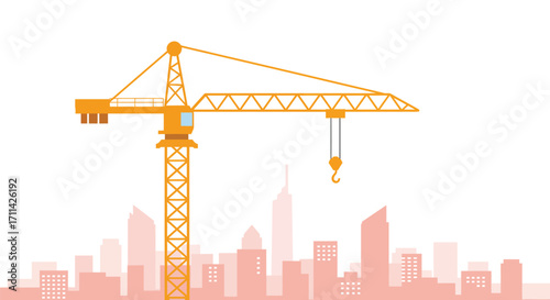 Construction site with a vibrant tower crane on a cityscape silhouette