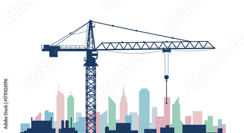Tower crane silhouette majestically stands over a pastel city skyline