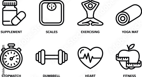 Set of eight minimalist line art icons representing health fitness wellness and lifestyle concepts silhouette