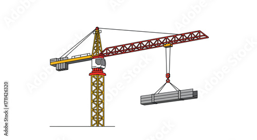 Colorful Construction Crane Lifting Steel Beams in a Flat Vector Style on White