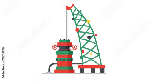 Festive flat vector illustration: wellhead Christmas tree on white backdrop