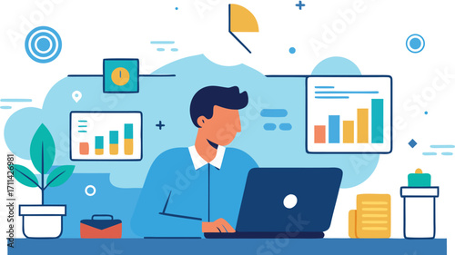Business Marketing illustrations. Business people office life, A person analyzing data on dual monitors in a modern office setting, 