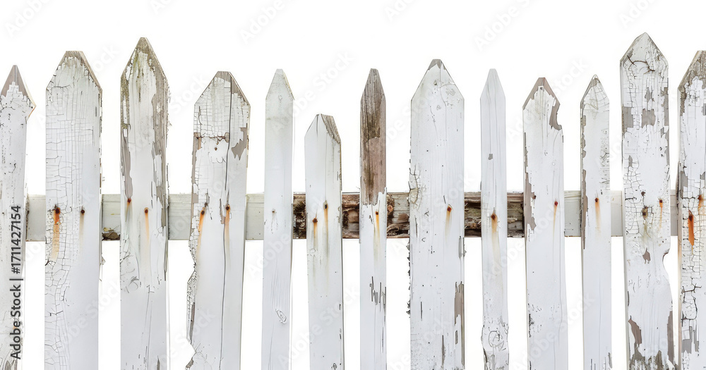 Obraz premium A weathered white picket fence with pointed tops, showcasing rustic charm and character.