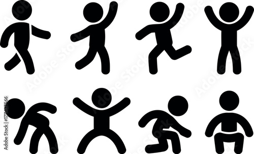 Set of eight minimalist black stick figures showing diverse actions and poses silhouette