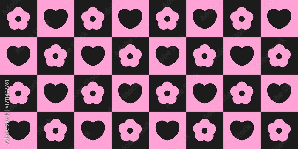 custom made wallpaper toronto digitalPink flower and black heart checkerboard pattern background. Cute retro grid with floral and heart shapes on black pink chessboard. Seamless pink and black aesthetic checkered pattern.