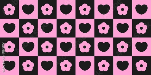 Wallpaper Mural Pink flower and black heart checkerboard pattern background. Cute retro grid with floral and heart shapes on black pink chessboard. Seamless pink and black aesthetic checkered pattern.  Torontodigital.ca