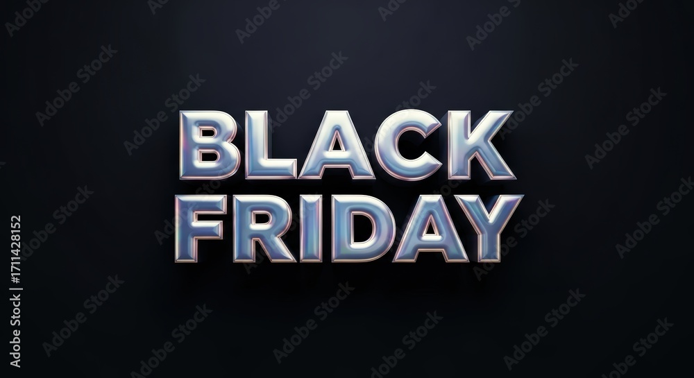 Obraz premium Sleek three-dimensional metallic text effect for a major annual shopping event, featuring high-fidelity chrome lettering on a dark background for promotional advertising