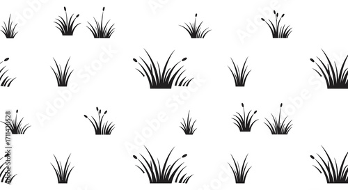 Simple black and white pattern of various grass and reed illustrations