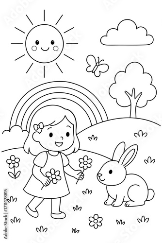 Cute coloring page of a little girl holding flowers with a rabbit, rainbow, sun, butterfly, and nature background, perfect for kids to enjoy fun and creative coloring.