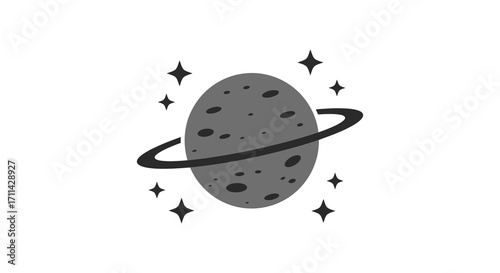 A grayscale illustration depicts a planet with rings and scattered stars