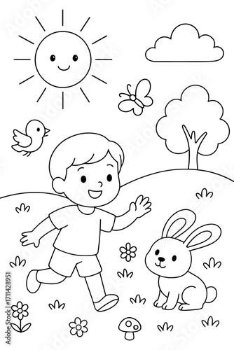 Cute cartoon coloring page of a little boy with a rabbit, bird, butterfly, sun, tree, flowers, and mushroom. Fun and educational line art illustration for kids activity or coloring book.