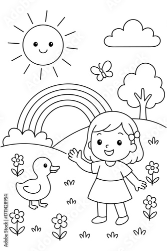 Cute cartoon coloring page of a little girl with a duck, rainbow, sun, butterfly, tree, flowers, and clouds. Fun and educational line art illustration for kids activity or coloring book.
