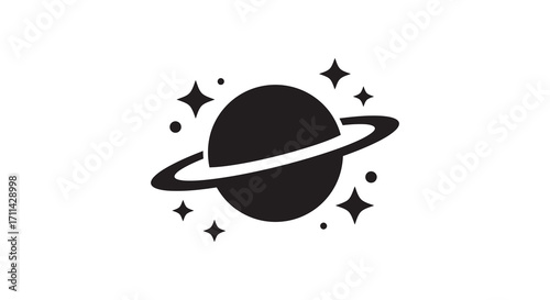 Simple black and white illustration of a planet with rings and stars