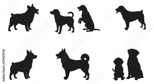 A collection of various dog breed silhouettes in a simple design