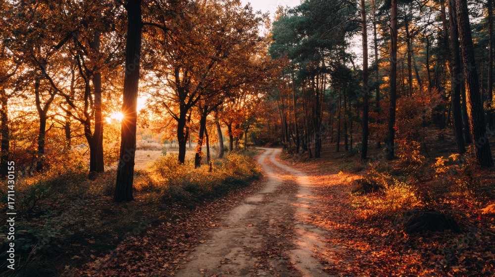 Fototapeta premium Road in autumn forest at sunset.