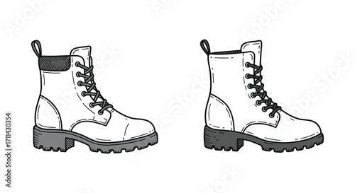 A black and white sketch depicting a pair of combat boots