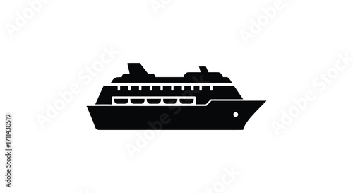 Simple black silhouette of a large cruise ship on a white background