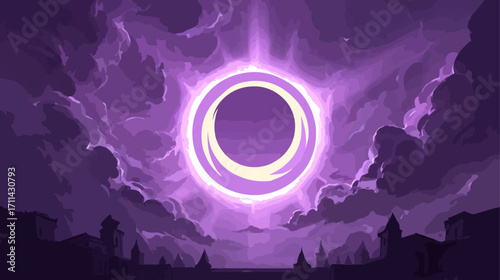 Purple ringed sky over city silhouette