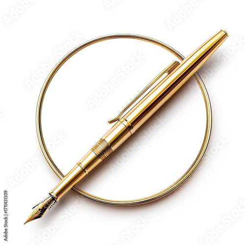 A golden fountain pen rests atop a circular ring, symbolizing elegance and creativity.