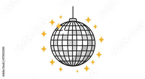 A simple illustration of a shiny disco ball with golden sparkles around it