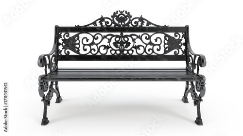 Ornate black metal bench designed for outdoor seating.