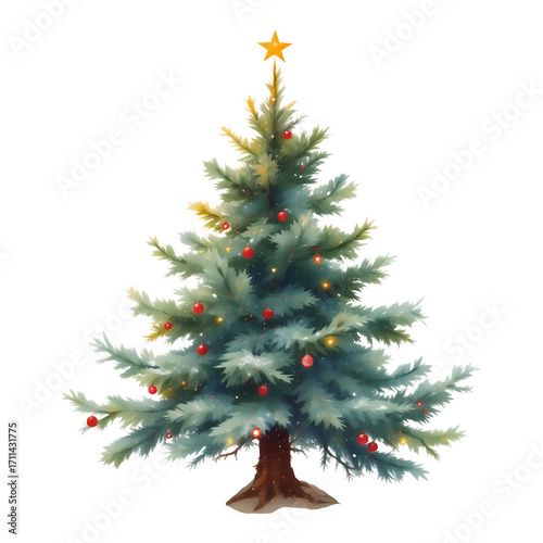 A Decorated Christmas Tree With Red Ornaments And A Star On Top Against A Transparent Background