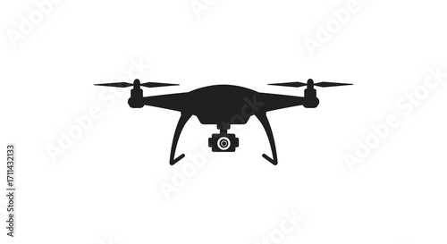 A black silhouette of a modern drone with camera visible below