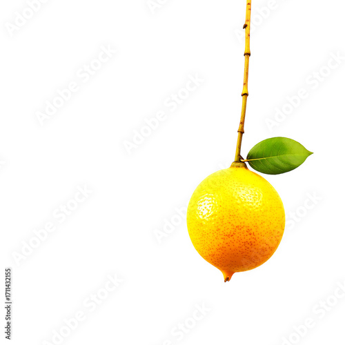 A Bright Yellow Lemon Hangs On A Slender Branch With One Green Leaf Against A Stark Transparent Background