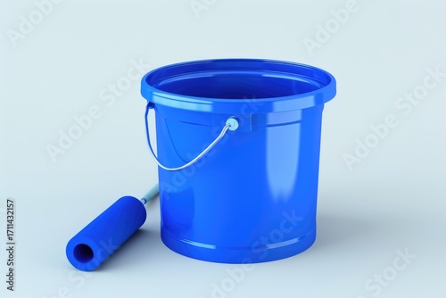A blue paint bucket with a roller, used for painting surfaces.