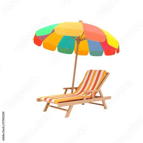 Striped Beach Chair And Colorful Umbrella Isolated On A Transparent Background