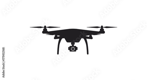 Black silhouette of a modern drone with propellers isolated on white