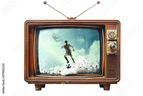 A vintage TV displaying a soccer player in action amidst a surreal, dynamic background.