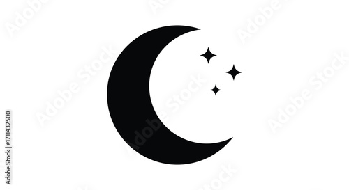 Simple black crescent moon with small sparkling stars on white background