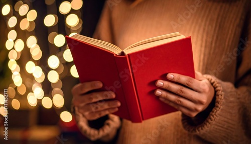 Person reading a book at night