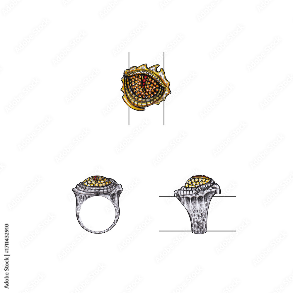Fototapeta premium Jewelry design surreal eye dragon ring by hand drawn.