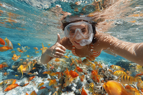 A woman snorkeling underwater among colorful fish, giving a thumbs-up and smiling.