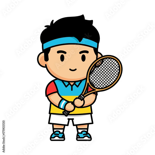 Cute cartoon tennis player boy character holding a racket
