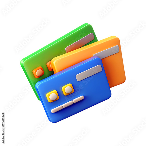 Colorful 3d rendering of multiple credit cards for digital transactions and payments transparent background