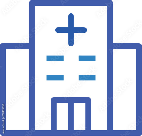 Modern blue line art icon of a hospital building with a cross symbol
