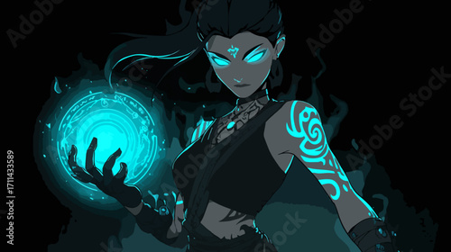 Female figure with turquoise energy ball