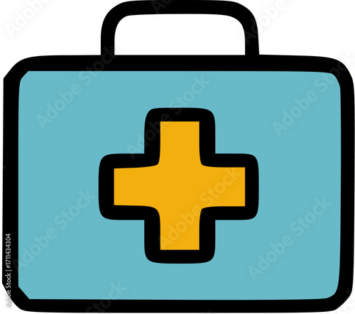 Simple cartoon illustration of a light teal medical kit with a yellow cross.