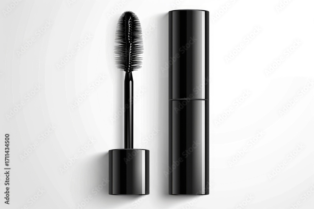 Obraz premium A black mascara tube and wand, designed for enhancing eyelashes.