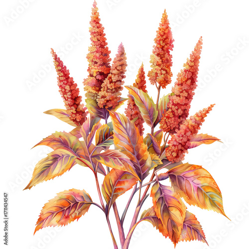 Watercolor orange amaranth with colorful foliage on transparent background