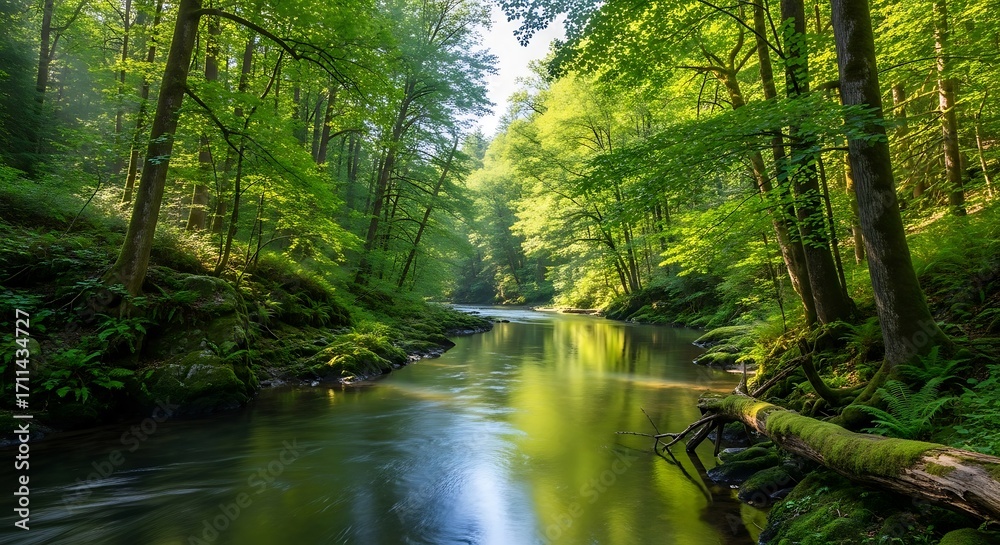 Fototapeta premium Serene Forest River Flowing Through Lush Trees.