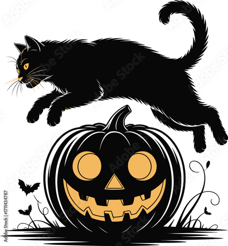 Black cat leaping over a spooky pumpkin silhouette